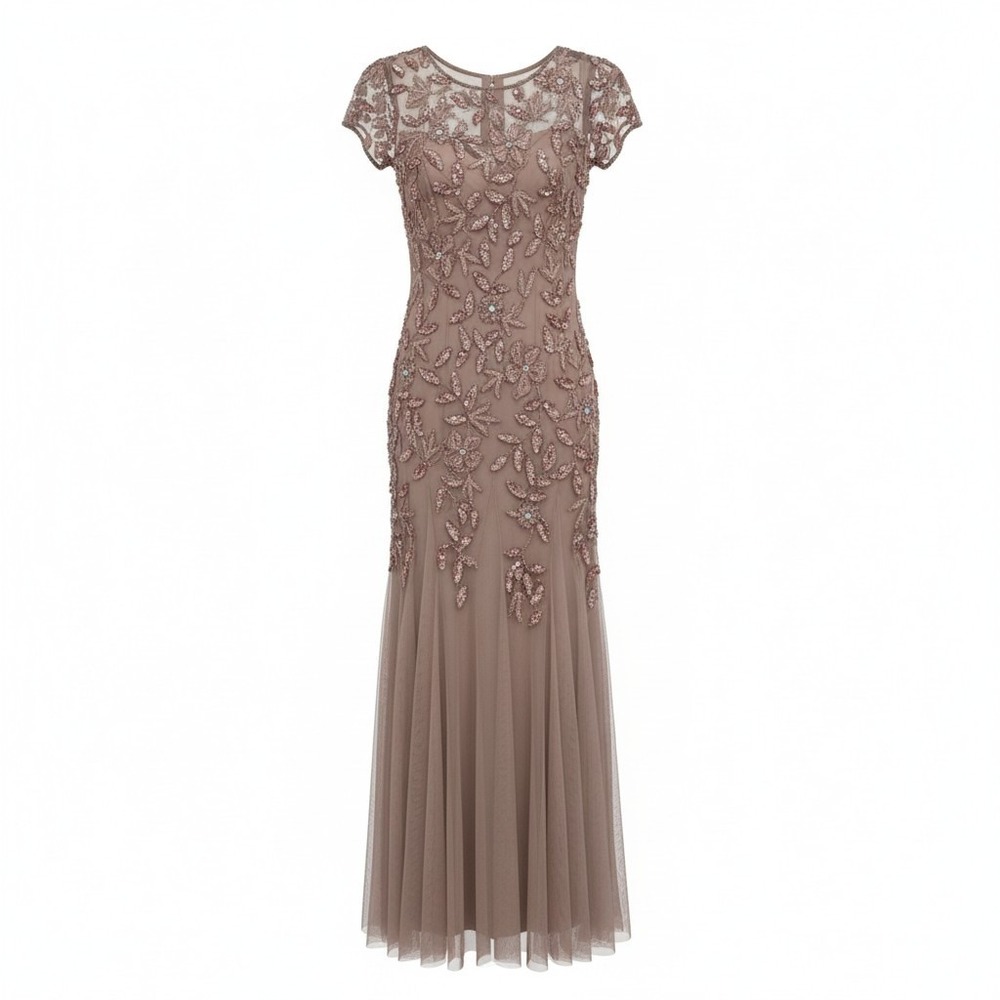 Adrianna Papell Dress Womens 0 Taupe Pink Floral Beaded Godet Gown 919897240